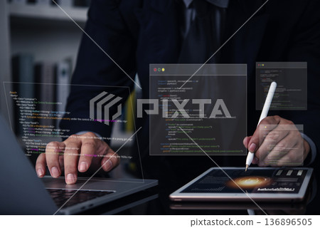 Software developer programming python code for AI. Web development with HTML and cybersecurity for data protection. Programmer working on futuristic virtual interface with multiple computer screens. Software developer programming python code for AI. Web development with HTML and cybersecurity for data protection. Programmer working on futuristic virtual interface with multiple computer screens. 136896505