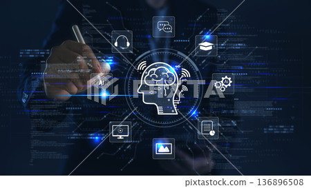Man touching virtual screen with AI, machine learning icons. Chatbot, NLP, data automation technology for business. Digital brain concept futuristic development and artificial intelligence solutions. Man touching virtual screen with AI, machine learning icons. Chatbot, NLP, data automation technology for business. Digital brain concept futuristic development and artificial intelligence solutions. 136896508