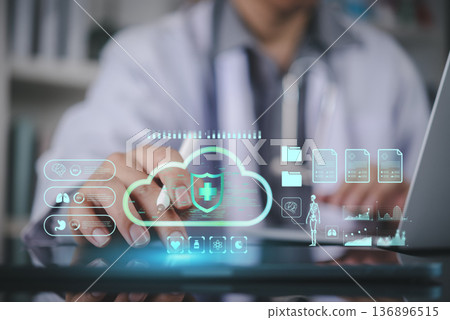 Doctor accessing electronic health records EHR via secure cloud computing. Medical data protection, analysis on tablet. Concept of digital healthcare innovation, patient information privacy. 136896515