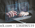 Man coding AI laptop with futuristic virtual dashboard. Analyzing data, developing software with machine learning and neural network icons. Digital transformation and deep learning technology concept. 136896539