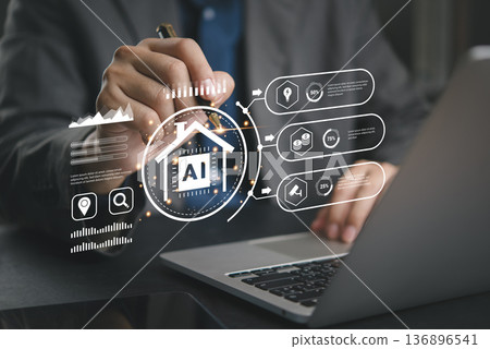 Businessman uses AI smart home automation on virtual interface. Analyzing energy efficiency, cost savings, security data on futuristic dashboard for property management and smart living concept. 136896541
