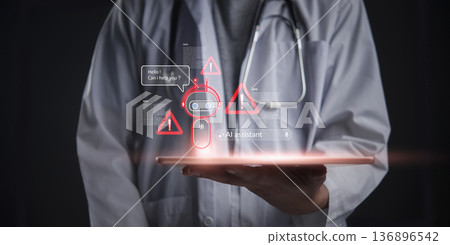 Doctor holds tablet AI assistant chatbot showing error. Medical technology displays virtual error warnings, critical alerts. Healthcare system failure, data risk, and AI diagnosis problem concept. 136896542
