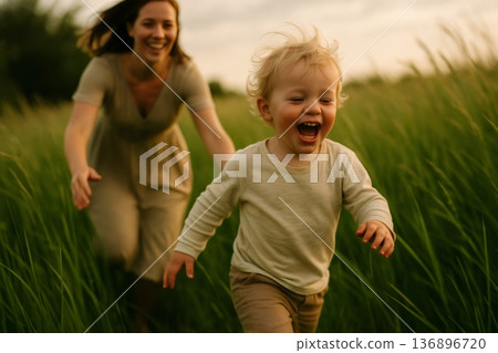 Happy mother and son running joyfully through tall grass, sharing laughter and creating cherished memories during a beautiful sunset 136896720