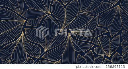 Elegant gold line floral pattern, leaves, botanical elements dark background. Luxury vector illustration, Art Deco, Nouveau, Japanese ornament, vintage aesthetic, wallpapers, wedding card. 136897113