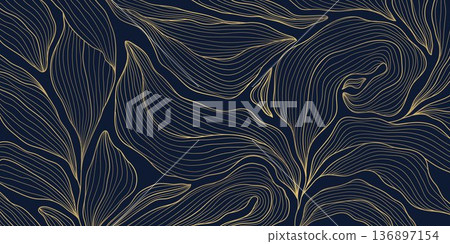 Elegant gold line floral pattern, leaves, botanical elements dark background. Luxury vector illustration, Art Deco, Nouveau, Japanese ornament, vintage aesthetic, wallpapers, wedding card. Elegant gold line floral pattern, leaves, botanical elements dark background. Luxury vector illustration, Art Deco, Nouveau, Japanese ornament, vintage aesthetic, wallpapers, wedding card. 136897154