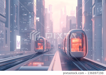 Futuristic monorail trains run on elevated tracks through a modern city with tall buildings, representing advanced urban transport Futuristic monorail trains run on elevated tracks through a modern city with tall buildings, representing advanced urban transport 136897198