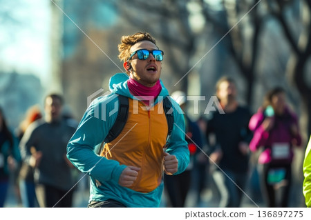 Jogger in athletic wear and sunglasses powering through a marathon race, showing determination, focus and urban endurance 136897275