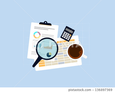 Business data analysis report, financial charts and KPI metrics, calculator and coffee on desk, corporate analytics workflow for strategy and accounting, modern flat infographic vector illustration 136897369