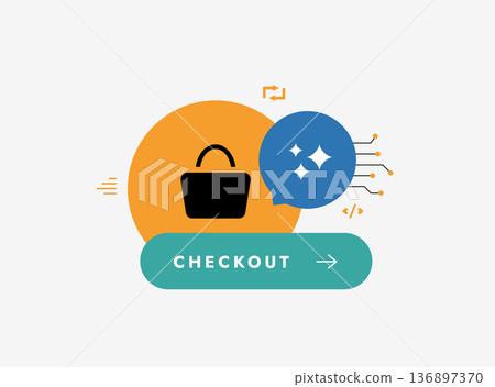 Ai-agent e-commerce checkout process with shopping bag icon. AI automation payment flow for online store conversion optimization UI button. E-commerce platform marketing, flat vector illustration 136897370