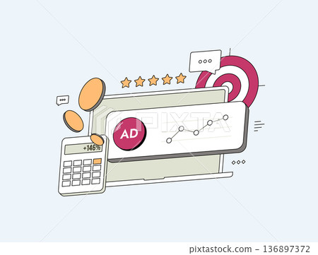 Digital advertising analytics dashboard, marketing performance metrics, conversion growth chart and target strategy elements, Digital advertising metrics modern flat business UI, vector illustration Digital advertising analytics dashboard, marketing performance metrics, conversion growth chart and target strategy elements, Digital advertising metrics modern flat business UI, vector illustration 136897372