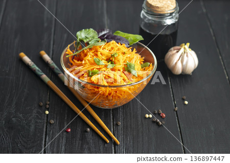 Vegetable salad with pickled carrots and garlic. A Korean and Asian dish. Vegetable salad with pickled carrots and garlic. A Korean and Asian dish. 136897447