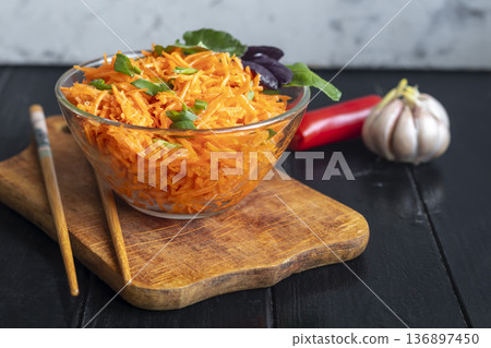 Vegetable salad with pickled carrots and garlic. A Korean and Asian dish. Vegetable salad with pickled carrots and garlic. A Korean and Asian dish. 136897450