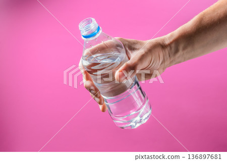 Bottle of clean drinking water in the hand of a man on a pink background Bottle of clean drinking water in the hand of a man on a pink background 136897681