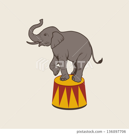 Vintage circus elephant balancing on a pedestal. Vector illustration Vintage circus elephant balancing on a pedestal. Vector illustration 136897706