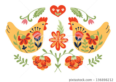 Folk art easter composition with chicken flower and heart in scandinavian style. Traditional spring ornament symbolizing love family and rural culture Folk art easter composition with chicken flower and heart in scandinavian style. Traditional spring ornament symbolizing love family and rural culture 136898212
