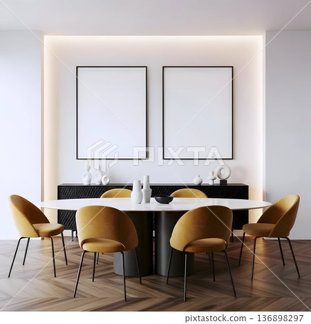 Modern minimalist round dining table with six beige chairs in bright white interior with large empty frames on wall 136898297