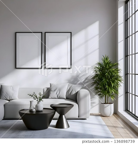 Modern minimalist living room with white sofa, black frames, indoor plants, natural light, cozy neutral decor, Scandinavian style interior design 136898739