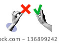 Hands holding a red cross and a green checkmark on a white background. Halftone collage illustration. Concept of approval and rejection, voting, consent, and refusal. Vector. 136899242