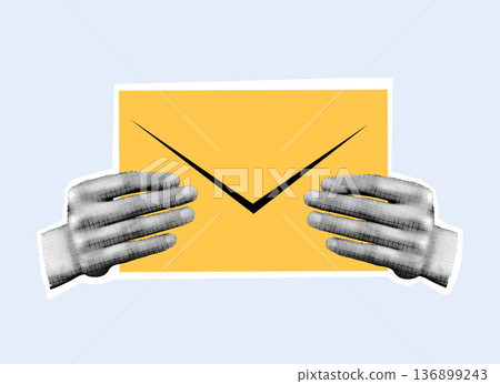 Two hands holding a yellow envelope., halftone collage. Modern vector illustration. Postal and text communication concept for design. 136899243