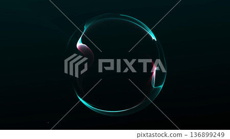 Glowing digital energy sphere with green and red plasma light on dark background. Futuristic abstract orb with luminous gradient and smooth surface, modern technology energy concept. 136899249