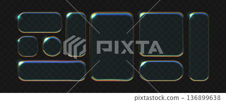 Liquid glass frames and buttons set isolated on transparent background. Liquid glass frames and buttons set isolated on transparent background. 136899638