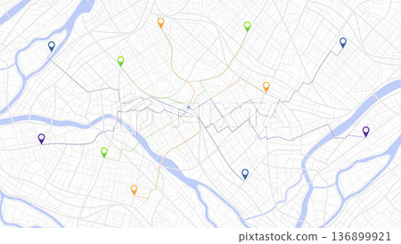 Multiple destinations. Gps tracking map. Track navigation pins on street maps, navigate mapping technology and locate position pin. Futuristic travel gps map or location navigator vector illustration 136899921