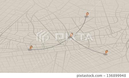 Multiple destinations. Gps tracking map. Track navigation pins on street maps, navigate mapping technology and locate position pin. Futuristic travel gps map or location navigator vector illustration Multiple destinations. Gps tracking map. Track navigation pins on street maps, navigate mapping technology and locate position pin. Futuristic travel gps map or location navigator vector illustration 136899948