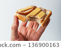 Sandwich in hand. The concept of malnutrition or unhealthy eating habits 136900163