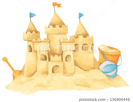 Watercolor Sandcastle on a Beach. Watercolor Sandcastle on a Beach. 136900448