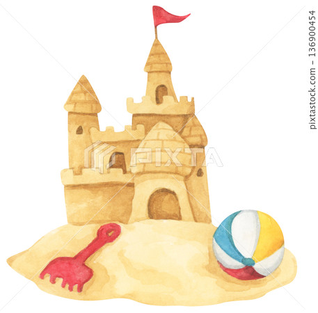 Watercolor Sandcastle on a Beach. Watercolor Sandcastle on a Beach. 136900454