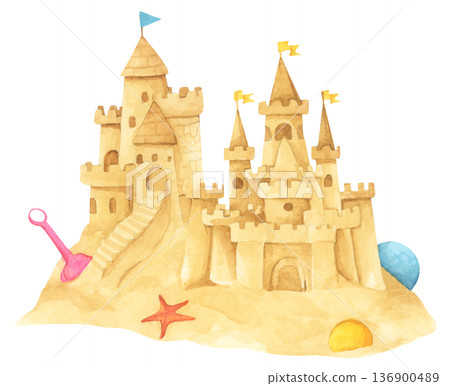Watercolor Sandcastle on a Beach. Watercolor Sandcastle on a Beach. 136900489