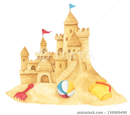 Watercolor Sandcastle on a Beach. Watercolor Sandcastle on a Beach. 136900490