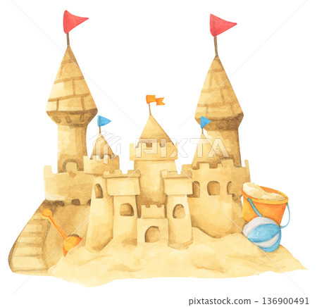 Watercolor Sandcastle on a Beach. Watercolor Sandcastle on a Beach. 136900491