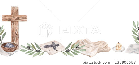 Wooden cross, ash cross, bowl of ash, candle stub, olive branches, folded linen cloth watercolor seamless religious border on white background. Space for text, suitable for Lent, church communications 136900598