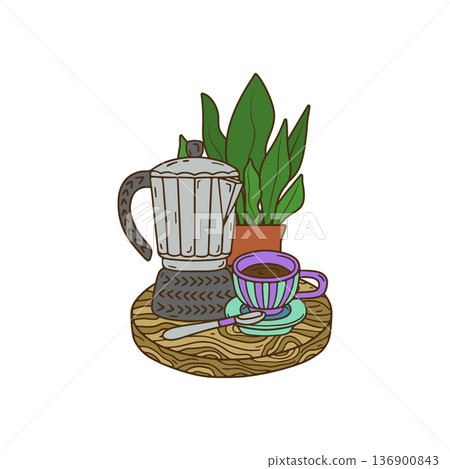 Cozy scandinavian lifestyle scene with coffee maker on a wooden tray. Hand drawn line art morning beverage composition 136900843