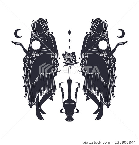 Beautiful long hair woman holding sun and half moon vector illustration 136900844