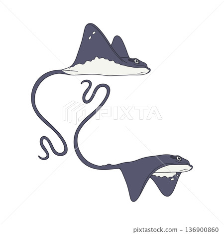 Cartoon style stingray swimming in ocean amongst seaweed hand drawn vector illustration 136900860