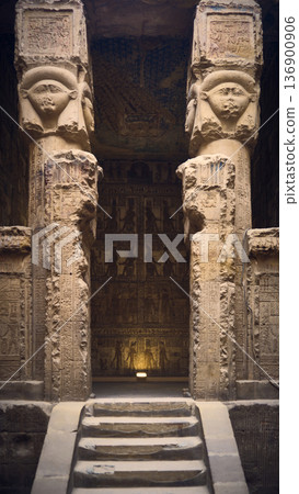 Ancient Egyptian Temple with Carved Columns and Steps Ancient Egyptian Temple with Carved Columns and Steps 136900906