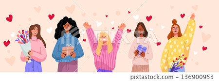 8 March womens day diverse women celebration gifts flowers hearts cheerful group pastel background flat banner 8 March womens day diverse women celebration gifts flowers hearts cheerful group pastel background flat banner 136900953