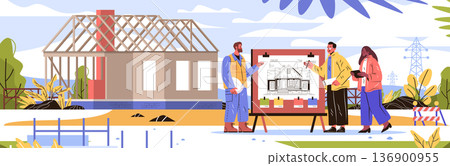 Construction workers house building blueprint teamwork architectural project site with unfinished frame engineers discussing plans safety gear outdoor scene Construction workers house building blueprint teamwork architectural project site with unfinished frame engineers discussing plans safety gear outdoor scene 136900955