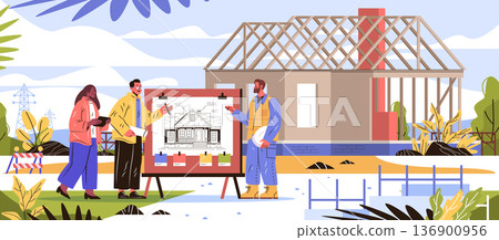 Architects construction site teamwork house blueprint planning building design professionals discussing project near partially built home outdoor modern style 136900956