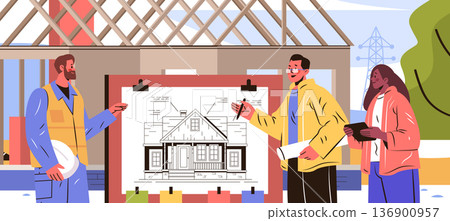 Architects construction teamwork house blueprint planning building site professionals discussing architectural drawing under construction frame outdoor teamwork concept Architects construction teamwork house blueprint planning building site professionals discussing architectural drawing under construction frame outdoor teamwork concept 136900957