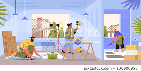 Skilled tradespeople teamwork construction interior design renovation workers measuring planning painting tiling tools wood tiles modern workspace template 136900958