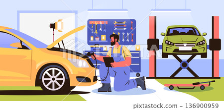 Auto mechanic diagnostics repair garage technician using electronic tool checking yellow car with green vehicle on lift workshop equipment tools Auto mechanic diagnostics repair garage technician using electronic tool checking yellow car with green vehicle on lift workshop equipment tools 136900959