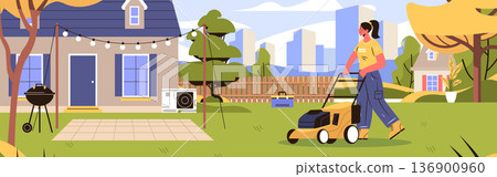Woman mowing lawn backyard garden maintenance house exterior trees barbecue tools modern residential landscape web banner Woman mowing lawn backyard garden maintenance house exterior trees barbecue tools modern residential landscape web banner 136900960