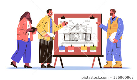 Architects discussing house blueprint design project with engineer color palette on easel teamwork construction planning workspace creative people Architects discussing house blueprint design project with engineer color palette on easel teamwork construction planning workspace creative people 136900962