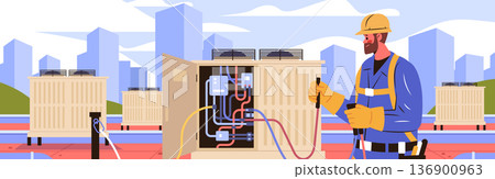 HVAC technician repairing rooftop air conditioning unit urban cityscape modern equipment maintenance worker blue uniform safety gear 136900963