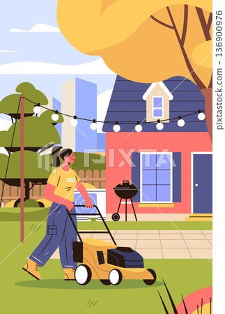 Woman mowing lawn backyard gardening house outdoor landscape modern home equipment trees barbecue patio summer scene 136900976