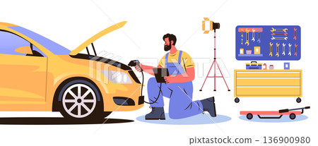 Auto mechanic diagnostics car repair workshop tools equipment garage worker kneeling using scanner tool chest flat style 136900980