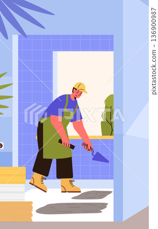 Construction worker tiling wall indoor renovation man spreading adhesive wearing apron boots cap blue tiles modern interior plants Construction worker tiling wall indoor renovation man spreading adhesive wearing apron boots cap blue tiles modern interior plants 136900987